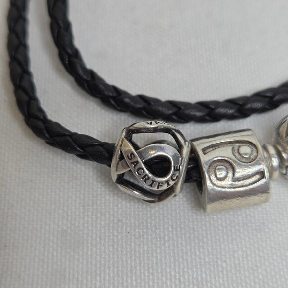Pandora Sterling Silver Black Leather Braided Wrap Bracelet w/ 3 Charms - Picture 2 of 10